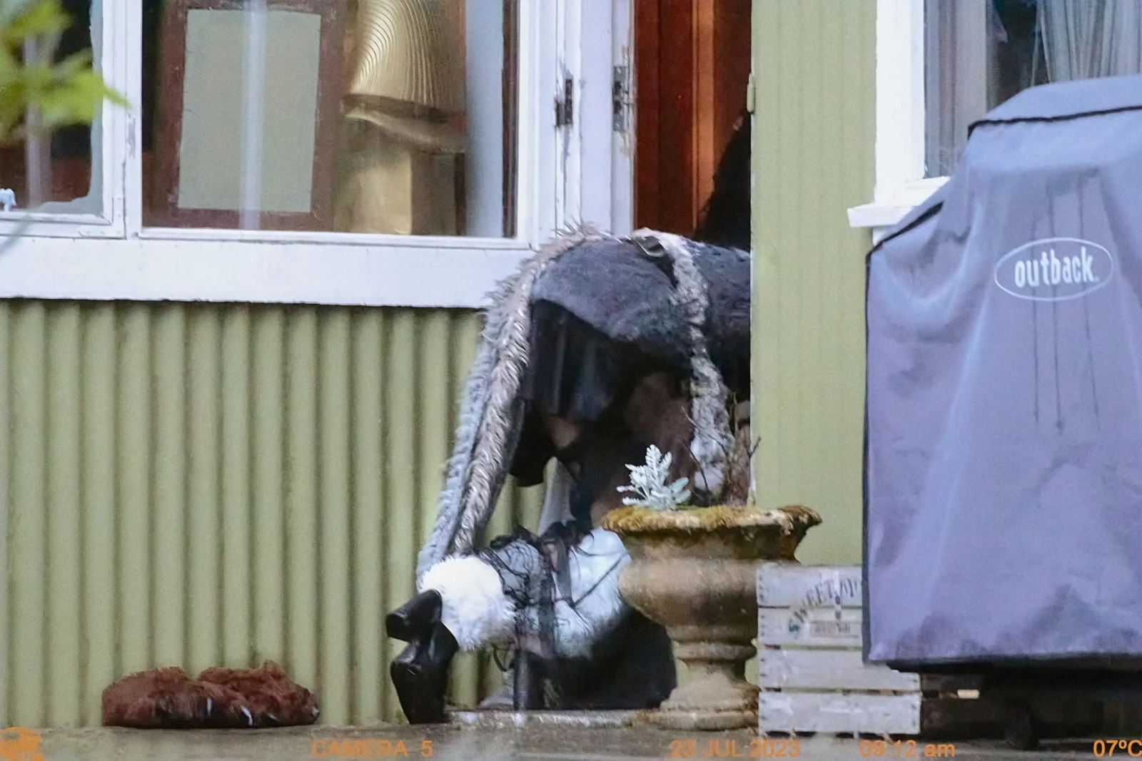 Figure wearing a dark furry costume bending over a stone birdbath outside a green wooden building.