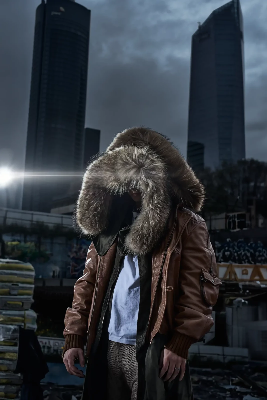 Fashion model wearing a brown jacket and an enormous fur-lined hood against a cloudy urban skyline.