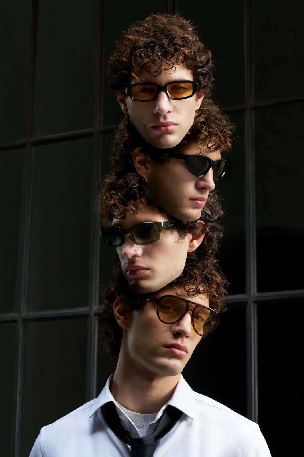 Composite portrait of three men wearing eyewear against a dark background.
