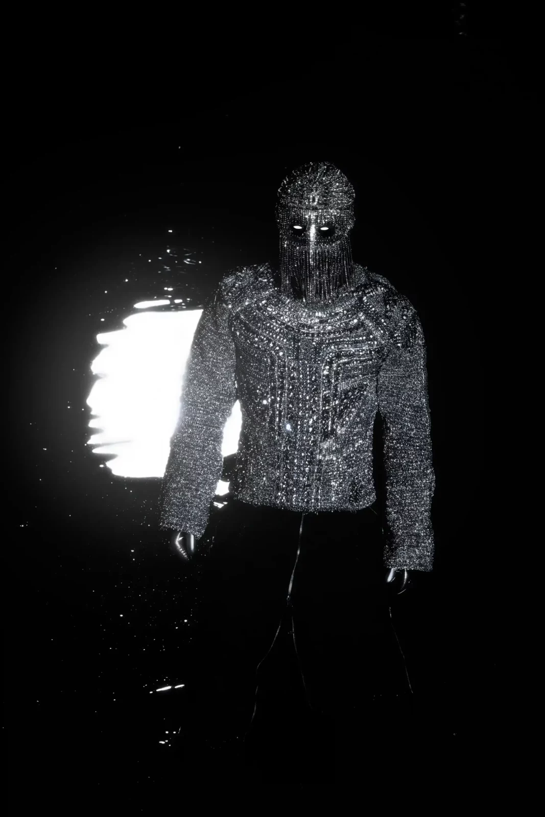 Front-facing night portrait of a figure in reflective silver headwear and a metallic top illuminated against black.