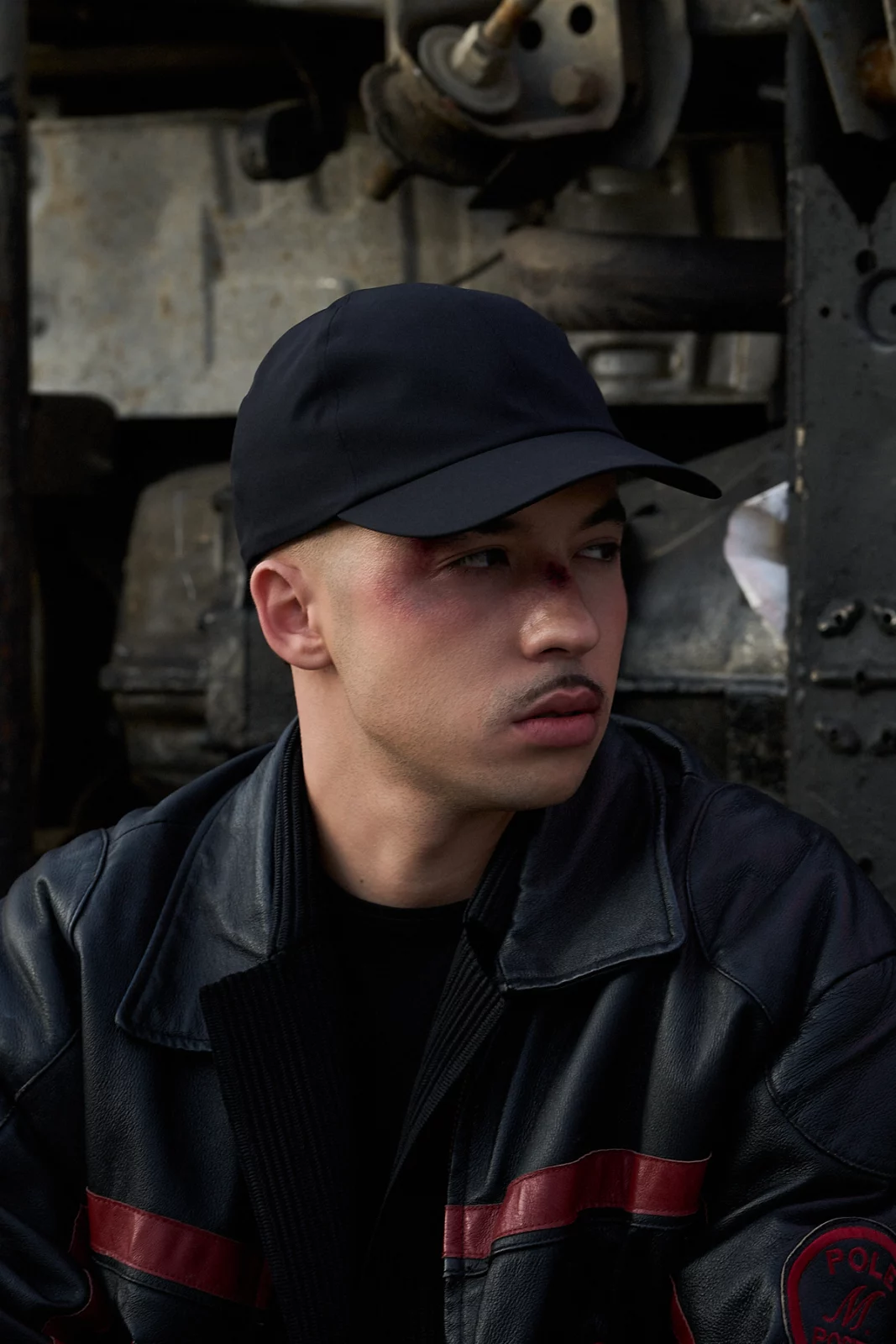 Low-light side portrait of Pole in a dark cap and jacket inside an industrial-looking setting.