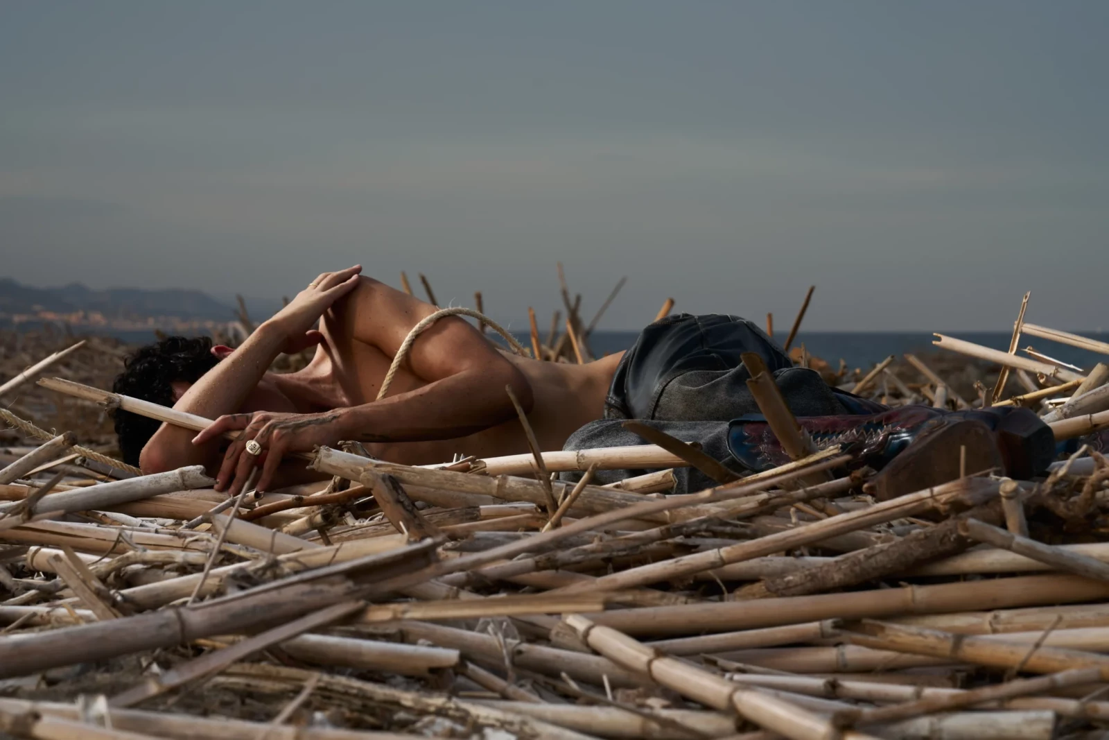 Shirtless model lies among dry branches on an open hillside beneath a muted evening sky.