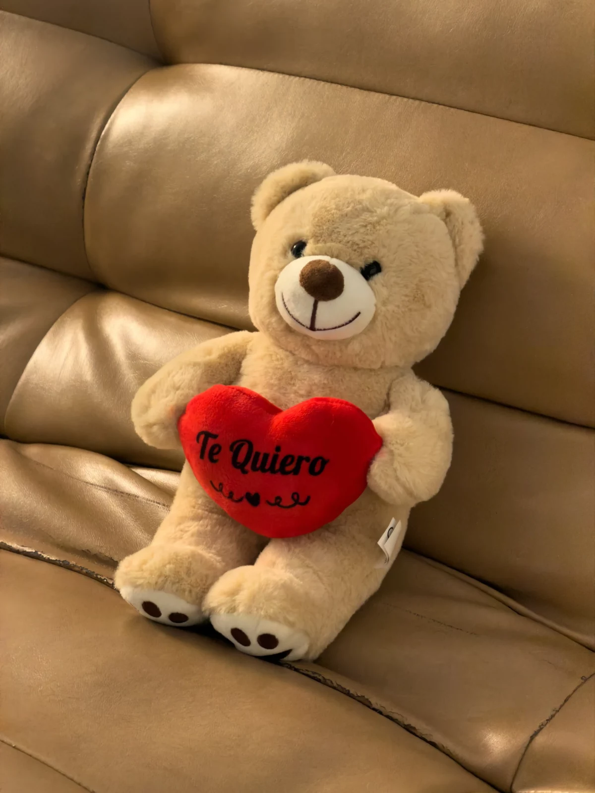 Small beige teddy bear holding a red heart-shaped cushion on a brown leather sofa.