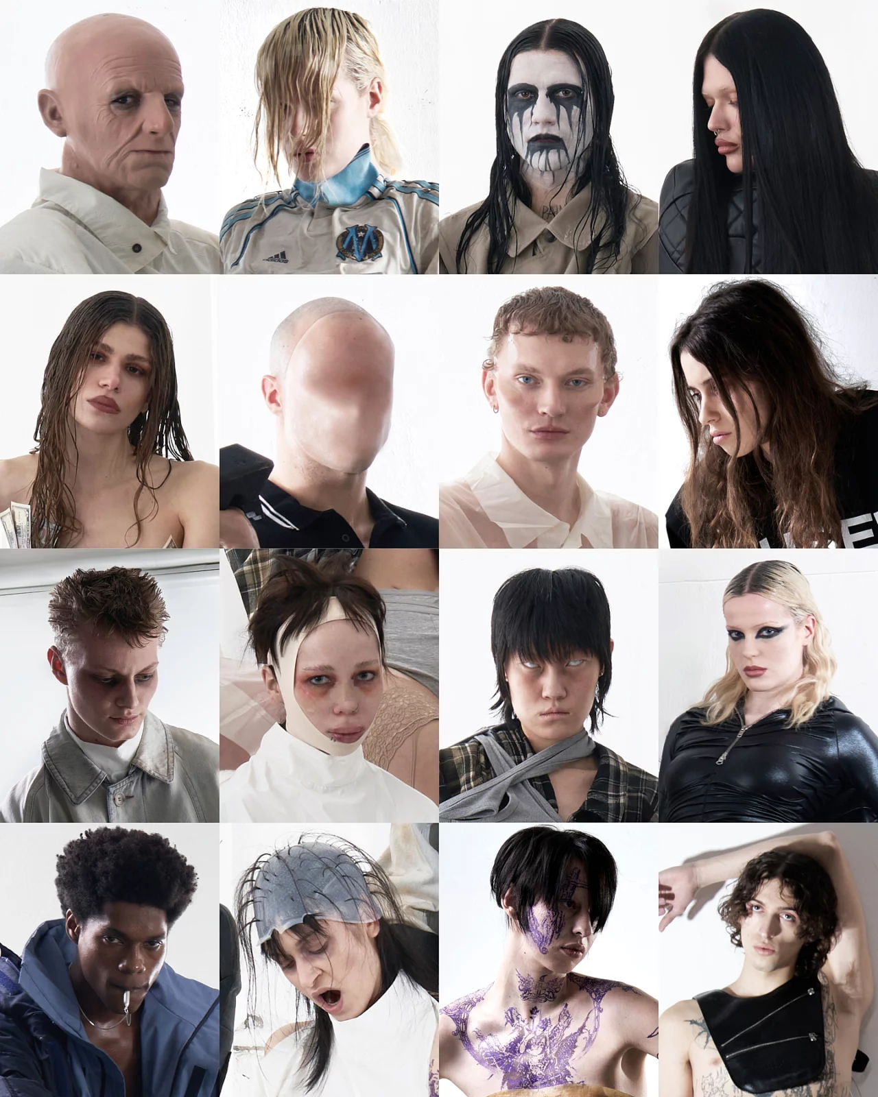 Contact sheet of fashion portrait headshots featuring multiple models and experimental makeup looks.